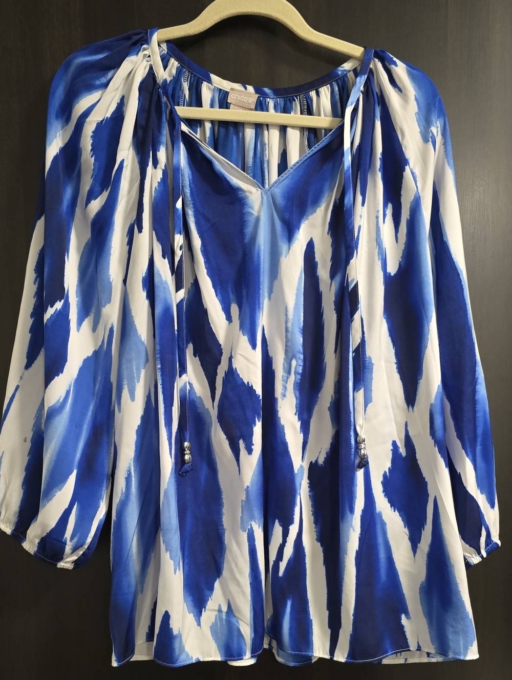 Chico's Blue & White Absolutely Gorgeous Abstract Tie-Neck Blouse, Size 20-22